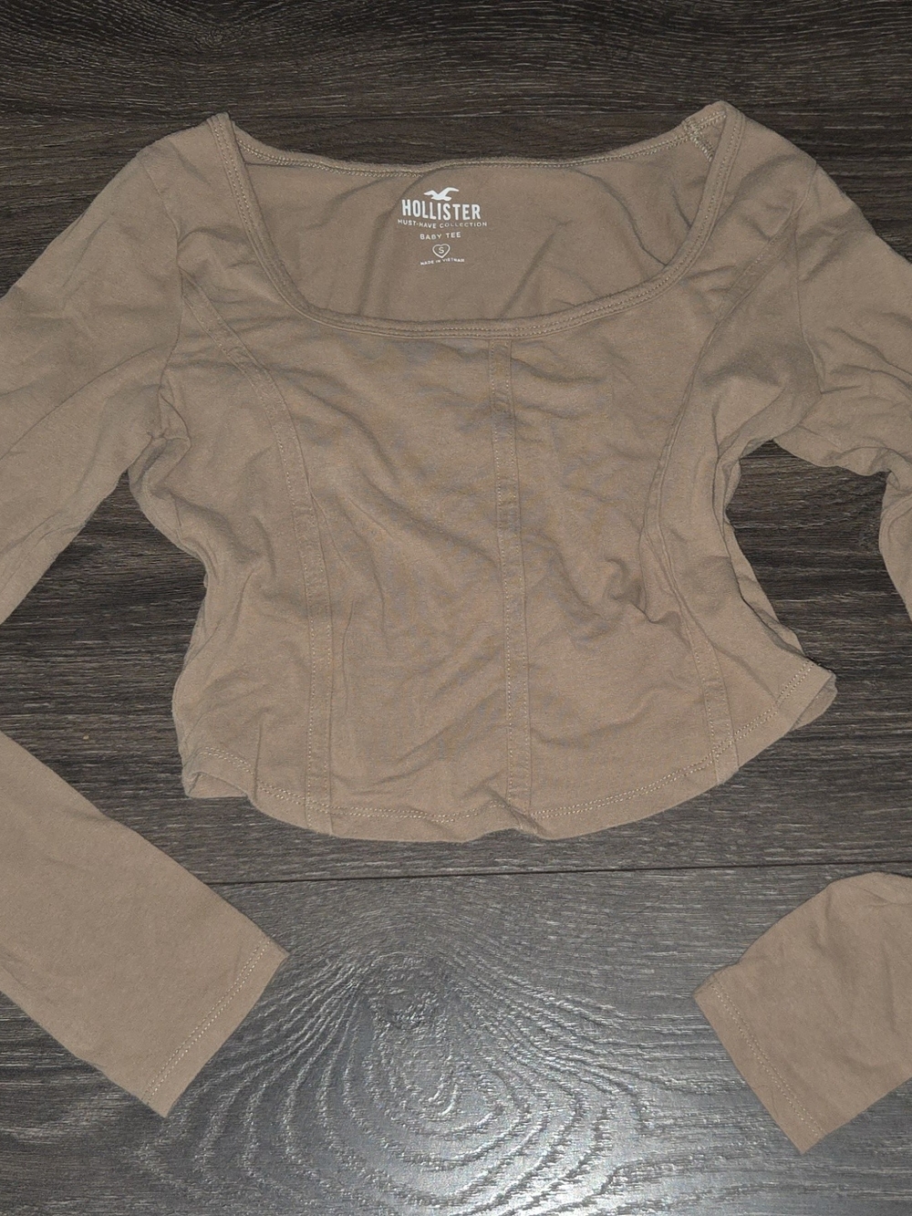 Hollister Women's Taupe Brown Square-Neck Long Sleeve Crop Top